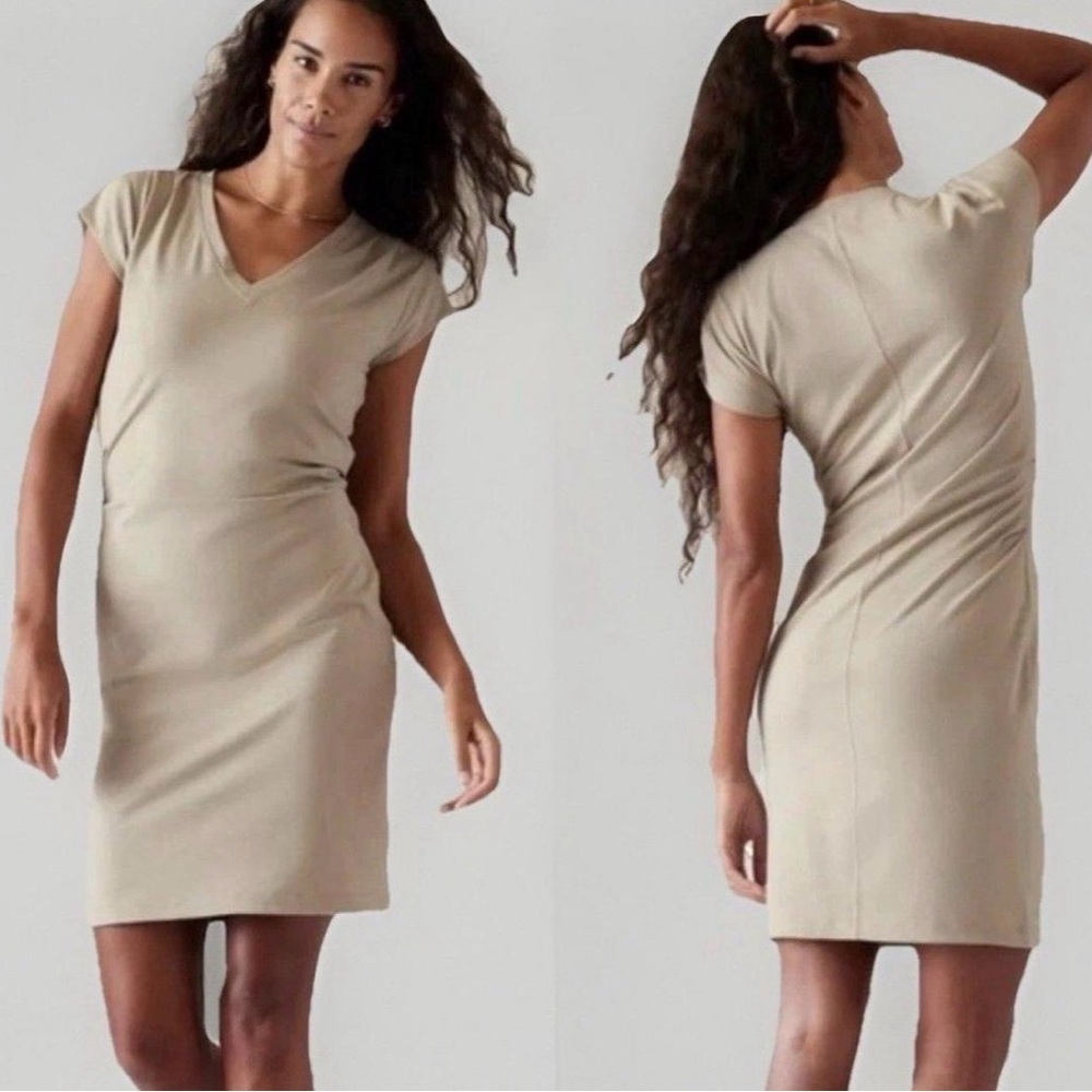 Athleta Effortless V-Neck Tee Dress in Ecru / Tan - Size Large